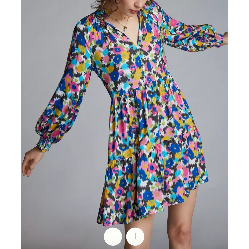 Anthropologie Ranna Gill Size M Katya Ruffled‎ Floral Dress Long Sleeve Rainbow